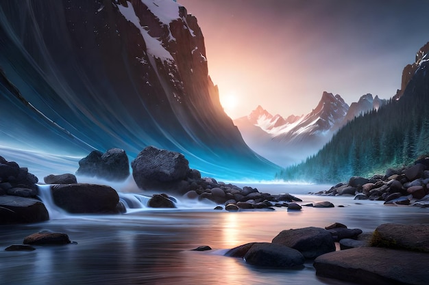 A mountain landscape with a wave in the foreground