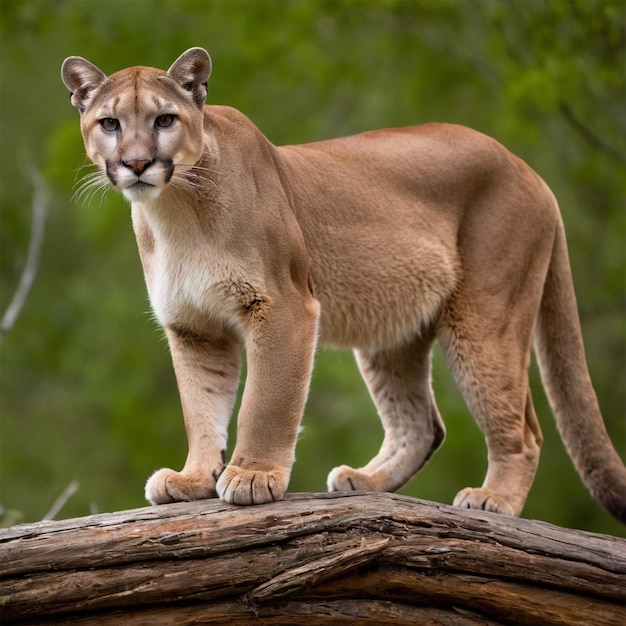 Photo a mountain lion is standing on a log in the forest