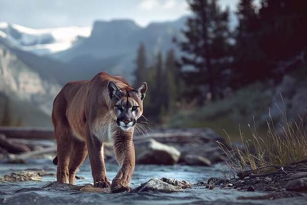 Photo a mountain lion is standing on a rock in the middle of a stream