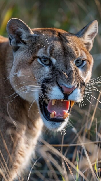 Photo a mountain lion with a white nose and blue eyes