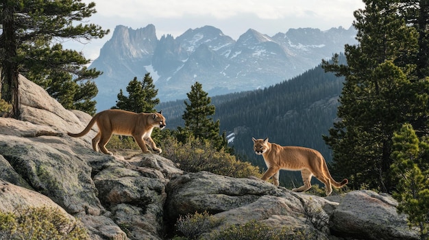 Photo mountain lions on rocky ridge