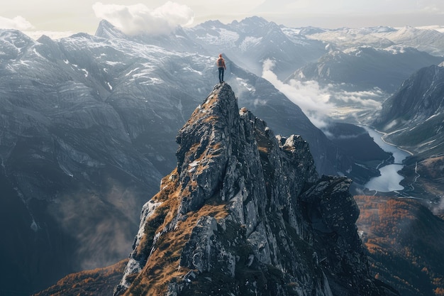 Photo mountain man on summit overlooking world in vivid 8k