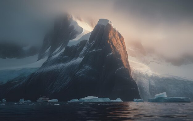 A mountain in the ocean with clouds and a cloudy sky