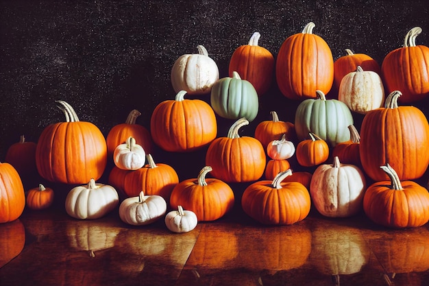 A mountain of orange and white pumpkins for the Halloween holiday Pumpkins lying on the floor