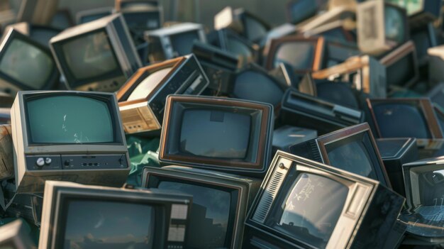 A mountain of outdated television sets creates an eerie landscape of electronic waste