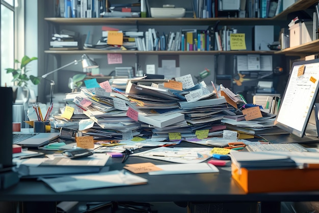 A mountain of paperwork and sticky notes dominates a messy office desk a testament to the overwhelming nature of modern work