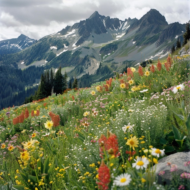 A mountain pass covered in a blanket of wildflowers