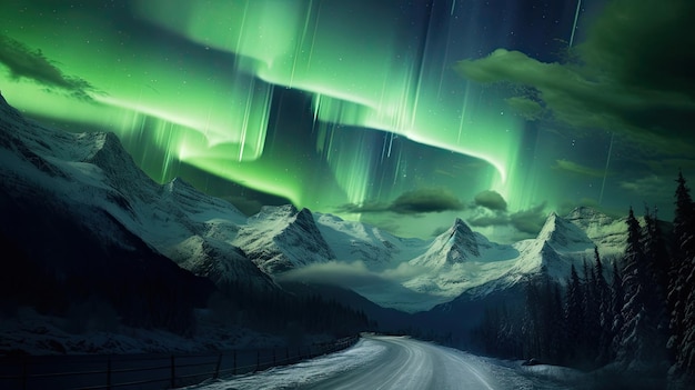 Mountain pass illuminated by the aurora borealis