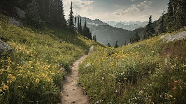 A mountain path in a field of flowers