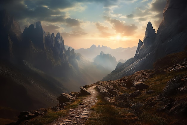 A mountain path with a sunset in the background