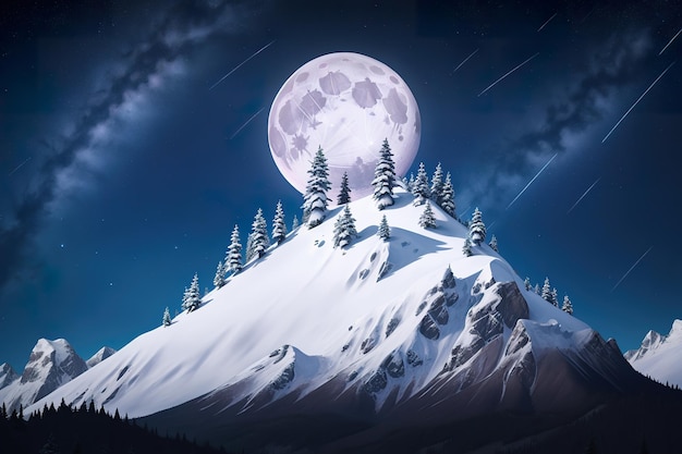 Mountain peak on beautiful starry night with full moon