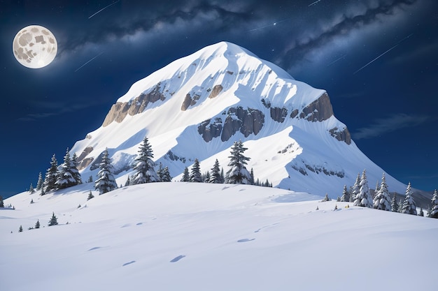 Mountain peak on beautiful starry night with full moon