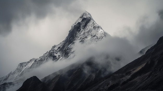 A mountain peak in the clouds with clouds in the background