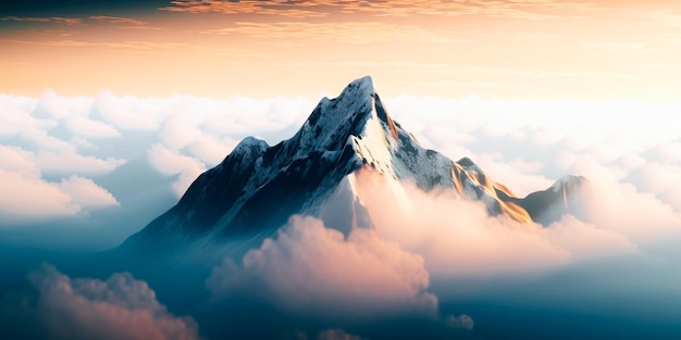 A mountain peak in the clouds with the word mountain on it