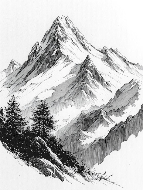 Mountain Peak Drawing in Black and White