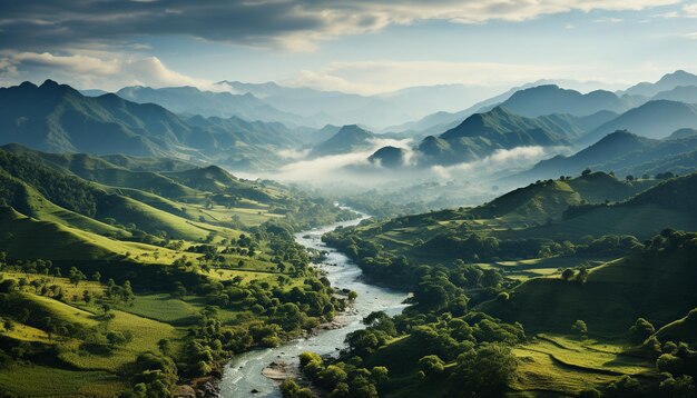 Mountain peak fog forest meadow water sunset green landscape tranquil scene generated by artificial intelligence