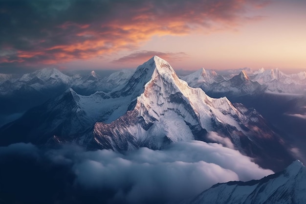 A mountain peak is seen in the clouds.