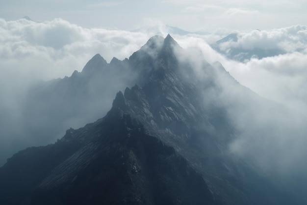 A mountain peak is seen from above with clouds in the background.