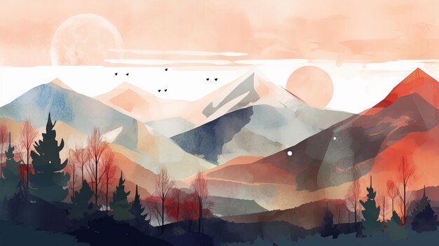 Mountain peak landscape watercolor minimal flat illustration AI generation