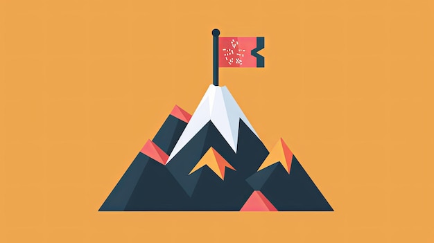 Photo mountain peak with flag illustration on orange background