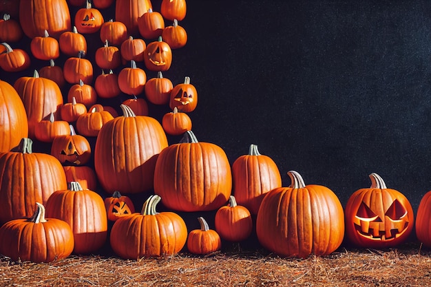 Mountain of pumpkins on hay black wall pumpkin with faces on Halloween