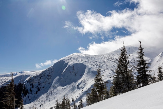 Mountain range and avalanche dangerous terrain in snowy mountains