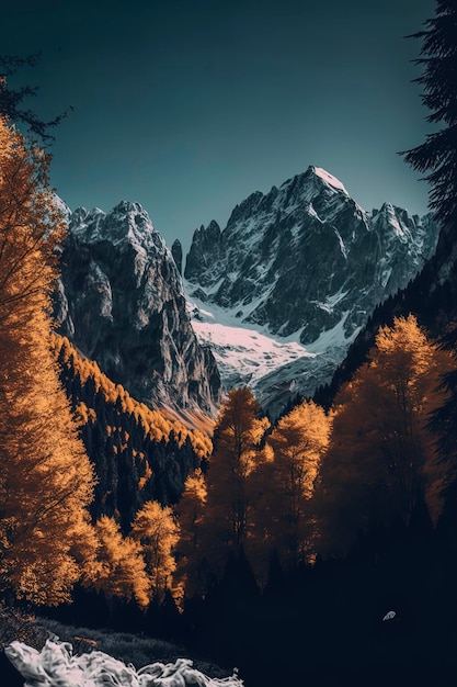 Mountain range in fall with fall colors winter alps