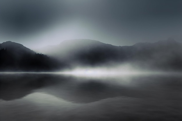 A mountain range is in the background with a foggy sky.