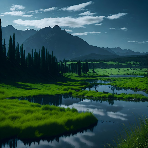 A mountain range is in the background with a river and a mountain in the background.