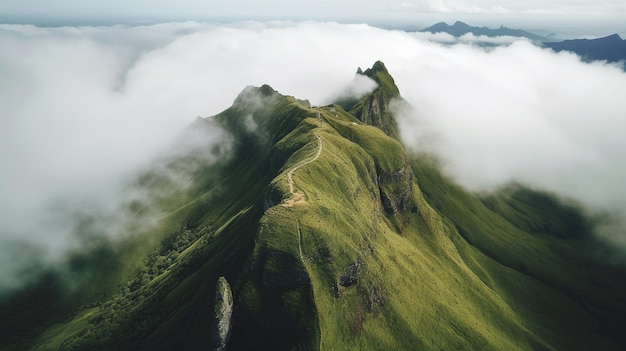 A mountain range is covered in clouds and the sky is covered in clouds.