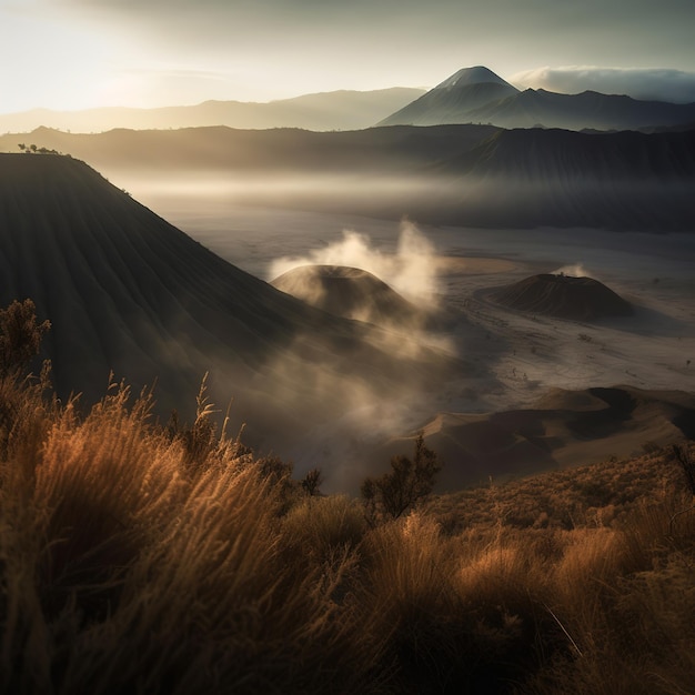 A mountain range is covered in clouds and the sun is shining.