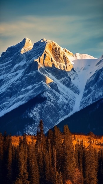 A mountain range is covered in snow and the sun is shining on the mountain.