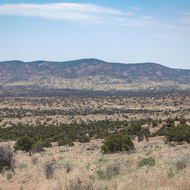 A mountain range is in the distance with a mountain in the background.