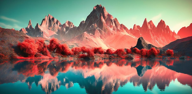 A mountain range is reflected in a lake and ocean