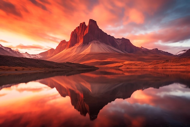 A mountain range is reflected in a lake with a red sky and the sun is shining on it.