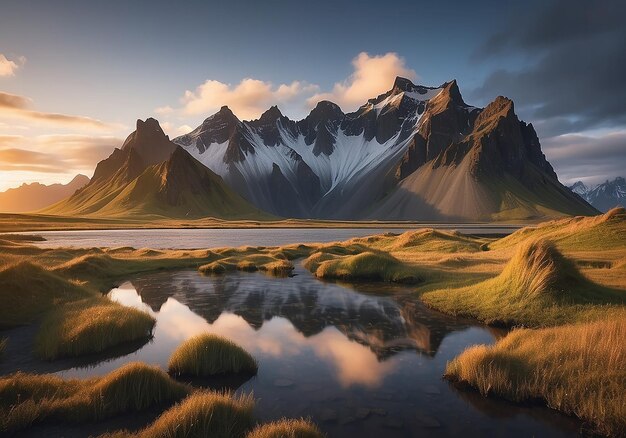 A mountain range is reflected in a lake with a sunny sky