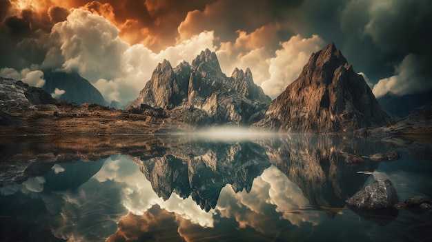 A mountain range is reflected in a lake.