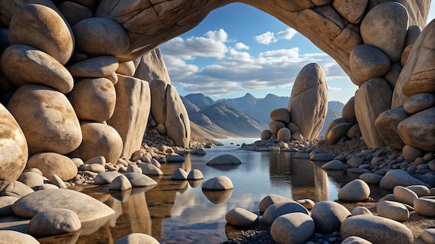 a mountain range is reflected in the water with rocks and mountains in the background