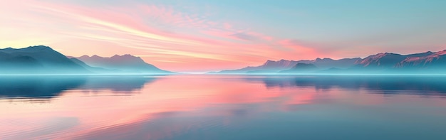 Photo mountain range reflected in calm lake at sunset