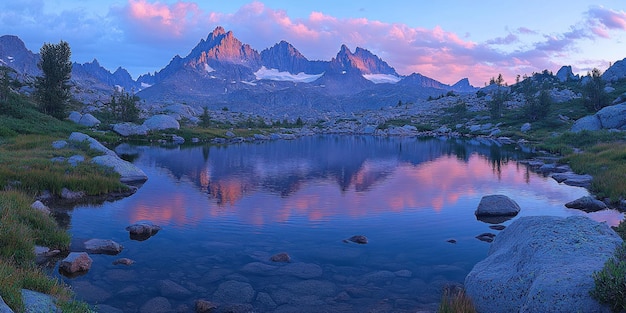 Mountain Range Reflected in Still Waters at Dusk