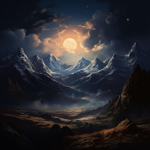 A mountain range shining in the light of a full moon