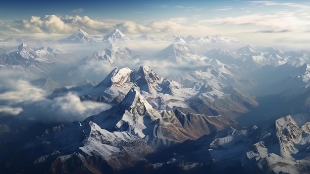 Mountain range shrouded in clouds from above Generative ai