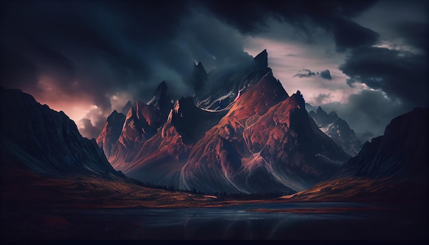 A mountain range at sunset with clouds surrounding the peaks creating a dramatic and moody effect Generative AI Illustration