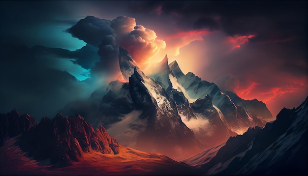 A mountain range at sunset with clouds surrounding the peaks creating a dramatic and moody effect Generative AI Illustration