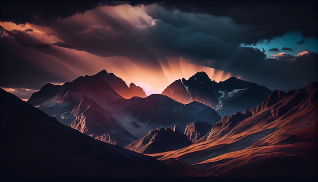 A mountain range at sunset with clouds surrounding the peaks creating a dramatic and moody effect Generative AI Illustration