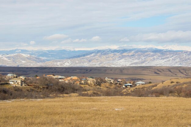 Mountain range winter landscape and view in Georgia, cloudy weather