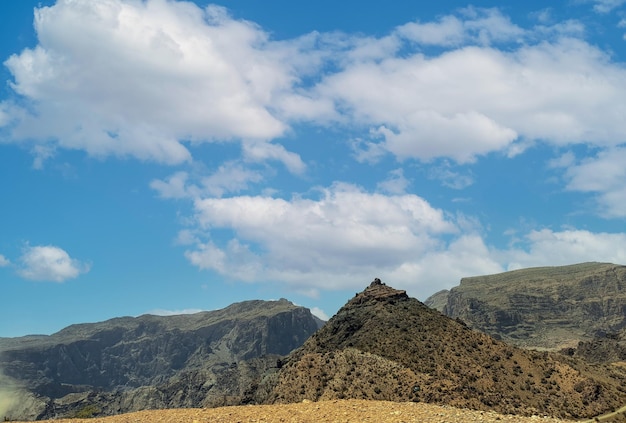 A mountain range with a blue sky and clouds