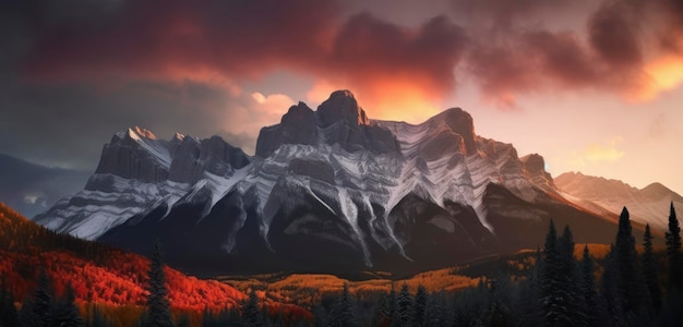 A mountain range with a cloudy sky and a sunset in the background.