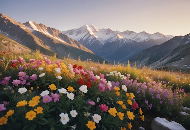 a mountain range with a field of flowers and mountains in the background