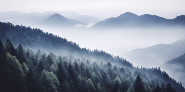 A mountain range with a foggy background